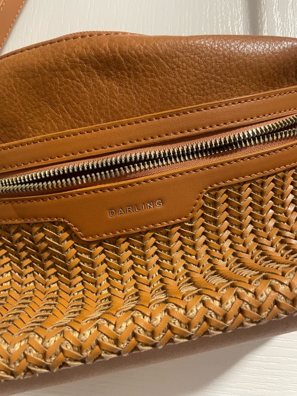 Darling Faux Leather Woven Crossbody Bag - Cognac Colour